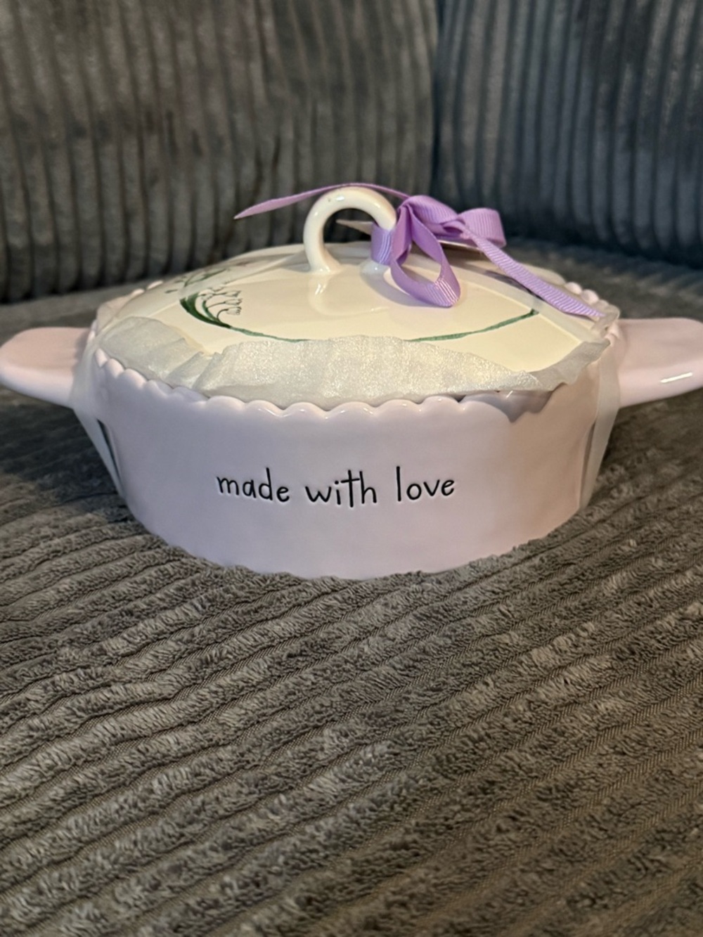 Rae Dunn Ceramic Covered Dish - Lilac & White- "Made With Love" - Picture 2 of 10